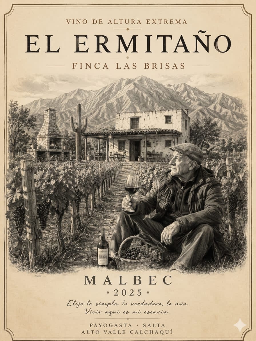Etiqueta de El Ermitaño Malbec 2025 — Finca Las Brisas, Payogasta, Salta